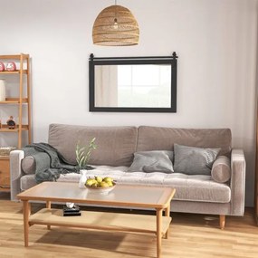 Espelho de parede estilo rústico 100 x 66 cm, retangular, com porta tipo celeiro, moldura em madeira maciça e suporte metálico, para quarto ou entrada