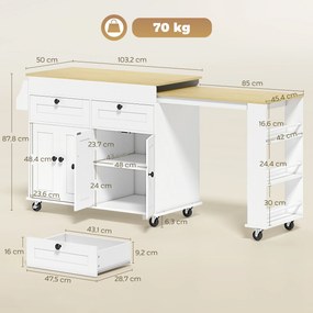 Ilha central de cozinha com tampo extensível, carrinho de cozinha com Rodas, 2 gavetas e 4 portas, branco