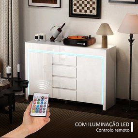 Aparador Sala de Estar com Luzes LED 4 Gavetas Prateleiras Ajustáveis e Controlo Remoto 120x34x80 cm Branco Brilhante