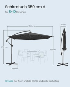 Guarda-sol de 350 cm com manivela para abrir e fechar com base cruzada (SEM PESOS), Cinzento