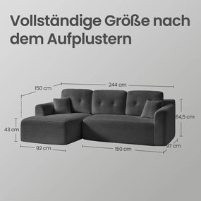 Sofá modular de canto com Chaise long à esquerda, 150 x 244 x 73 cm cinza ardósia