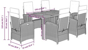 7 pcs conjunto de jantar p/ jardim c/ almofadões vime PE cinza