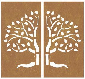 Decoração muro de jardim 2pcs 105x55cm aço corten design árvore