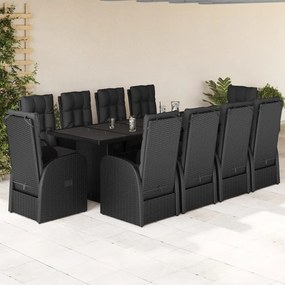 11 pcs conjunto de jantar p/ jardim c/ almofadões vime PE preto