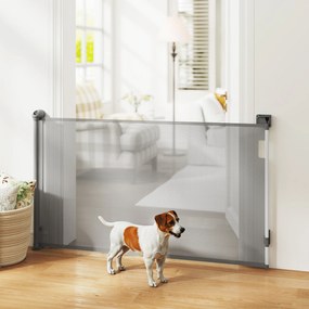 Barreira retrátil para cães, largura 149 cm, bloqueio automático - cinzenta