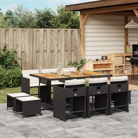 11 pcs conjunto de jantar p/ jardim c/ almofadões vime PE preto