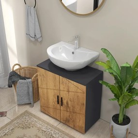 Móvel de casa de banho para lavatório (NÃO INCLUÍDO) com 2 portas e prateleira, 60 x 30 x 60 cm, cinzento antracite e acabamento em imitação de madeir