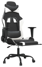 Cadeira gaming massagens c/ apoio pés couro artif. preto/branco