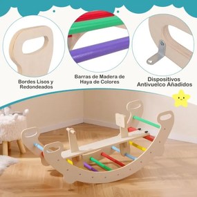 Brinquedo de trepar para crianças em madeira para interior 4 em 1 com arco de trepar, baloiço, túnel de gatinhar, encosto e assento lisos Multicolorid