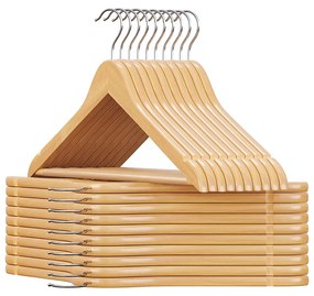 Cabides de madeira SONGMICS, cabides para casacos, cabides para roupas, com entalhes nos ombros, barra antiderrapante para calças, gancho giratório 360°, para ternos, camisas, casacos, natural e prata CRW001-20, pacote com 20