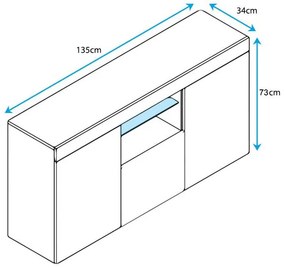 Aparador Elma de 135cm com Luz LED - Preto Mate - Design Moderno