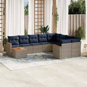 vidaXL 10 pcs conjunto sofás p/ jardim c/ almofadões vime PE cinzento