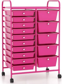 Carrinho de armazenamento multifuncional 63x37x87 cm com 15 gavetas coloridas, estrutura metálica e rodas bloqueáveis para casa e escritório, rosa