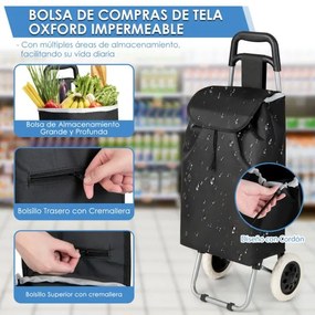 Carrinho de compras dobrável com rodas Saco impermeável amovível e leve para piquenique Campismo 34 x 28 x 90 cm Preto