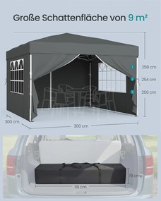 Tenda dobrável de 3 x 3 m para jardim e festas, com 4 paredes laterais, cinzento escuro