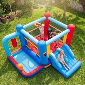 Castelo insuflável com Soprador de 550 W com sacos de boxe, piscina de bolas, cesto de basquetebol e escorregas duplos para crianças dos 3 aos 12 anos