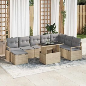 Conjunto de Sofá de Jardim vidaXL de 9 Peças com Almofadas Bege Rattan de Polietileno