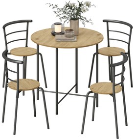 Conjunto de Mesa e Cadeiras de Refeição Mesa de Cozinha Redonda com 4 Cadeiras Estilo Industrial Madeira e Preto
