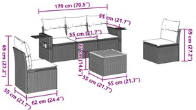 6 pcs conjunto sofás de jardim com almofadões vime cinzento