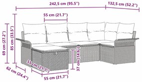 Conjunto de Sofá de Jardim 6 Peças com Almofadas Bege Rattan Poliéster