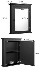 Armário de casa de banho com espelho de parede estante ajustável  56 x 15 x 69,5 cm Preto