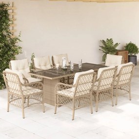 9 pcs conjunto de jantar p/ jardim com almofadões vime PE bege