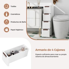 Armário de arrumação estreito de 4 gavetas para espaços pequenos com rodas Contentor de arrumação em plástico para casa de banho, escritório, sala de