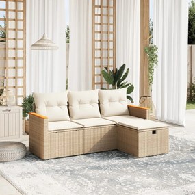 4 pcs conjunto de sofás para jardim c/ almofadões vime PE bege