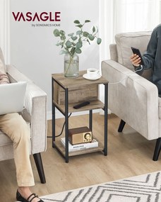 Mesa apoio, mesa de cabeçeira com 2 tomadas eléctricas e 2 portas USB castanho avelã e preto