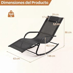 Cadeira de baloiço para exterior, respirável, com braços curvos e encosto de cabeça amovível, para varanda, jardim ou terraço, preta