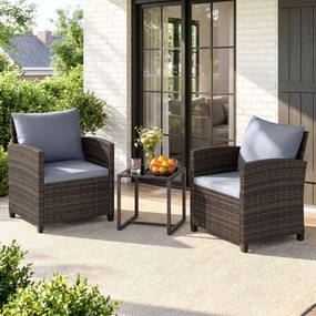 Conjunto de 3 móveis de rattan para jardim, com 2 cadeiras, mesa de vidro e almofadas pretas com capas removíveis, para jardim, terraço ou piscina Cas