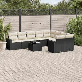 10 pcs conjunto sofás de jardim c/ almofadões vime PE preto