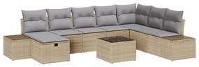 Conjunto de Sofá de Jardim de 9 Peças com Almofadas Bege Polirattan