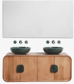 Conjunto De Móvel De Casa De Banho Dupla Suspensa 130x45 Cm Em Madeira De Manga E Pedra Natural Kivalina Retangular Led E Anti-embaciamento 140x75 Cm