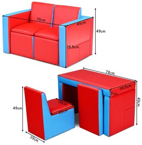 Poltrona Sofá Combinável para Crianças em Espuma de PVC Conjunto de Mesa e Cadeira Infantil Multifuncional Vermelho