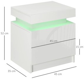 Mesa de Cabeceira com Luz LED Mesa de Cabeceira  Painel de Alto Brilho 2 Gavetas e Controlo 45x35x52 cm Branco