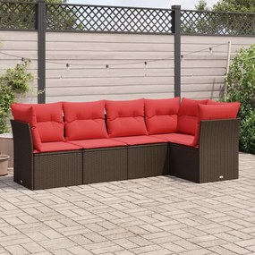 vidaXL 5 pcs conjunto sofás p/ jardim c/ almofadões vime PE castanho