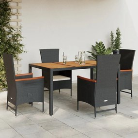 vidaXL 5 pcs conjunto de jantar p/ jardim c/ almofadões vime PE preto