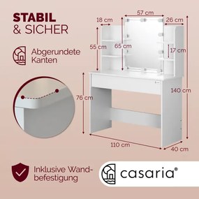 Toucador de maquilhagem Lucia 140x110x40cm com Luzes LED + banco com rodas Branco
