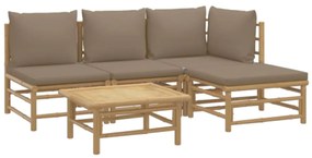 5 pcs conj. lounge jardim bambu almofadões cinzento-acastanhado