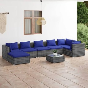 8 pcs conjunto lounge de jardim c/ almofadões vime PE cinzento