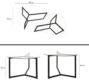 Conjunto de Mesas de Café Bellisimo - Preto Mate - 82x40x58cm e 82x36x