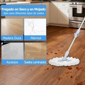 Conjunto de esfregona e balde para lavagem sem mãos com design de tanque duplo 1 esfregona retangular e 1 redonda com 2 almofadas de microfibra azuis