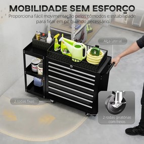 Carrinho de Ferramentas com 7 Gavetas Estante de 3 Níveis Removível Sistema de Fecho Central Asa 2 Rodas com Travão Preto