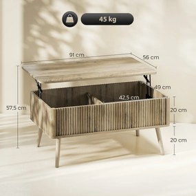 Mesa de Centro Elevatória com Compartimentos Ocultos de Armazenamento e Pés de Pinho 91x56x43 cm cor Carvalho