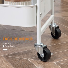 Carrinho Auxiliar com Rodas de 3 Níveis Carrinho de Cozinha com 3 Cestas de Aço e 1 Bancada de Madeira 45x31x79,4 cm Branco