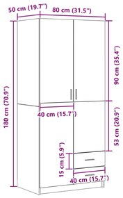 Guarda-roupa vidaXL Preto Carvalho 80x52x180 cm Madeira de engenharia