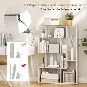 Estante em forma de S com 4 níveis, 6 compartimentos abertos e 2 dispositivos antiderrapantes para escritório ou estúdio, 80 x 30 x 119 cm, branco