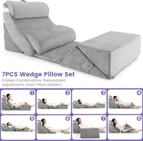 Conjunto de 7 almofadas de espuma viscoelástica ajustáveis para encosto de cama Almofadas de cabeça/pescoço/costas 119 x 59 x 55 cm Cinzento