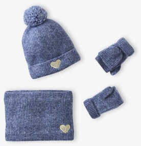 Conjunto gorro «Coração» + gola snood + luvas/mitenes,  para menina   marinho